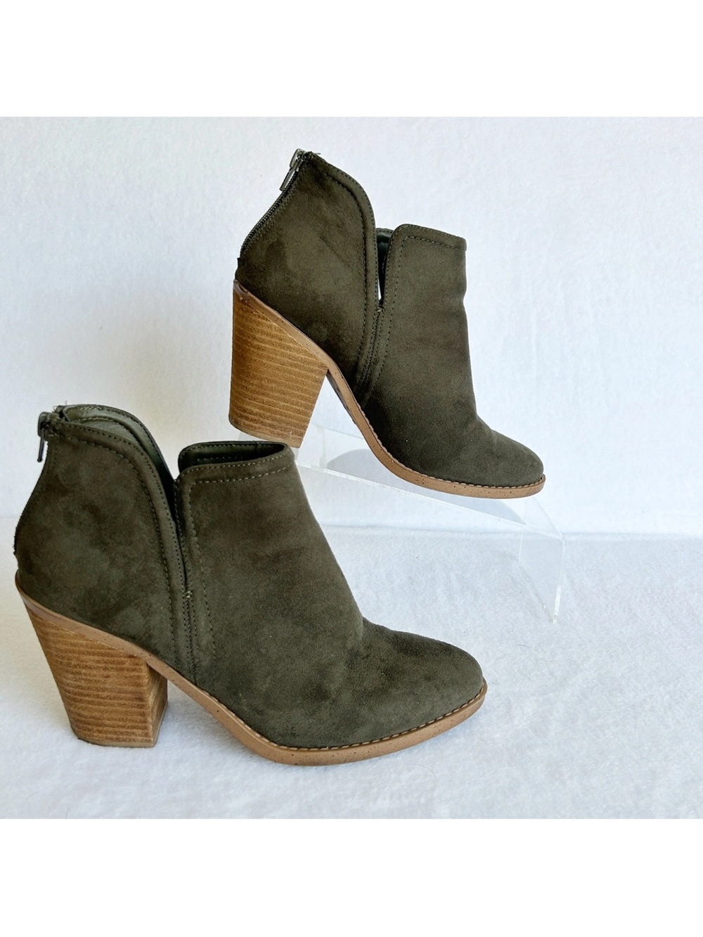 Joie Olive Suede Ankle Booties with Stacked Wood Heel